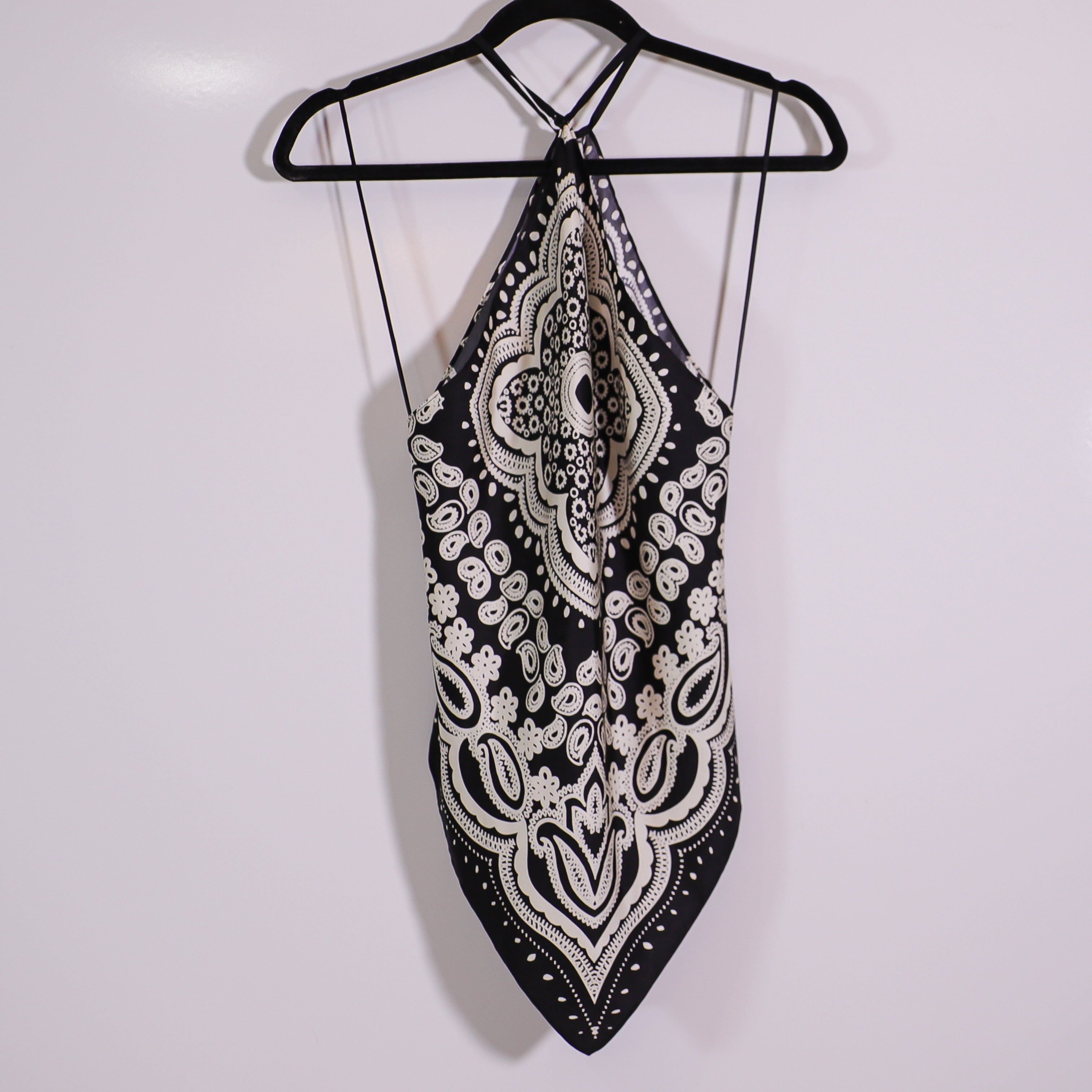 Nili Lotan Audrey Silk Satin Halter Neck Sleeveless Tank Top Black Ivory Paisley