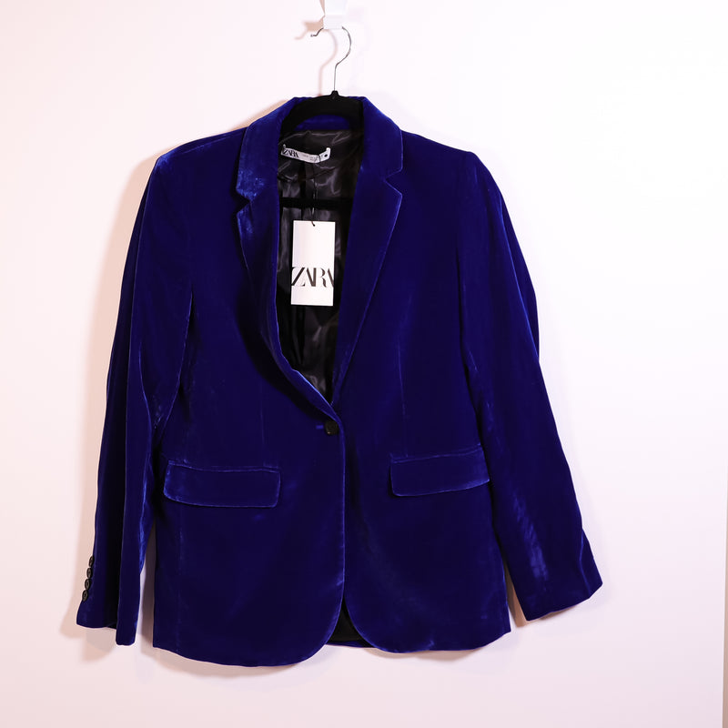 NEW Zara Velvet Velour One Button Collared Structured Blazer Jacket Blue Small