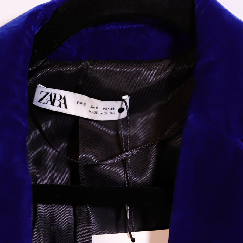 NEW Zara Velvet Velour One Button Collared Structured Blazer Jacket Blue Small