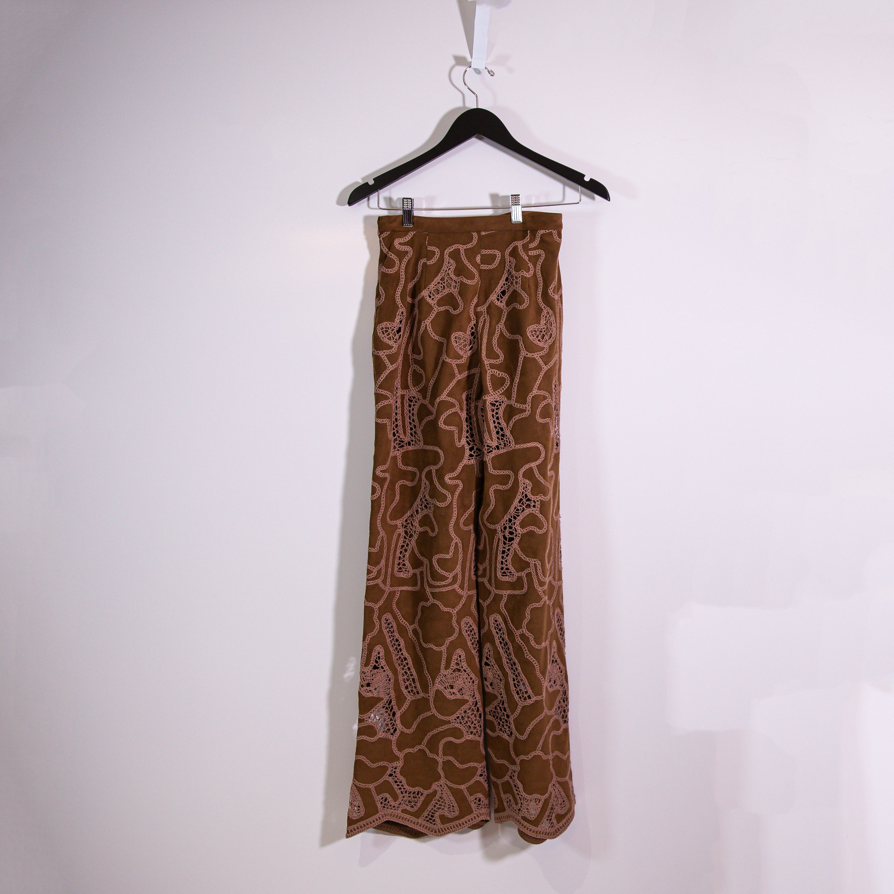 NEW Zara Faux Vegan Suede Leather Embroidered Sheer Lace Straight Leg Pants S