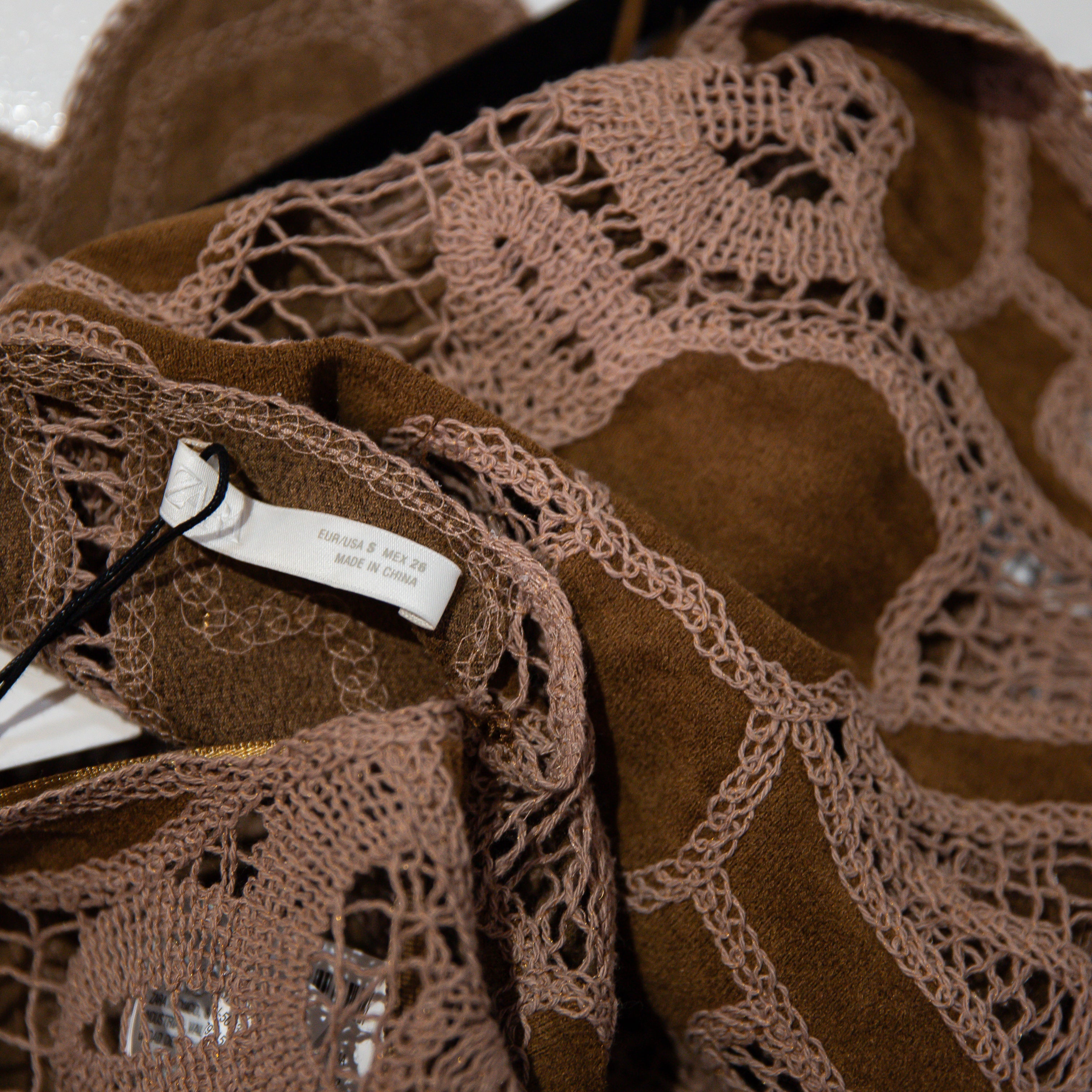 NEW Zara Faux Vegan Suede Leather Embroidered Sheer Lace Crossback Tank Top S