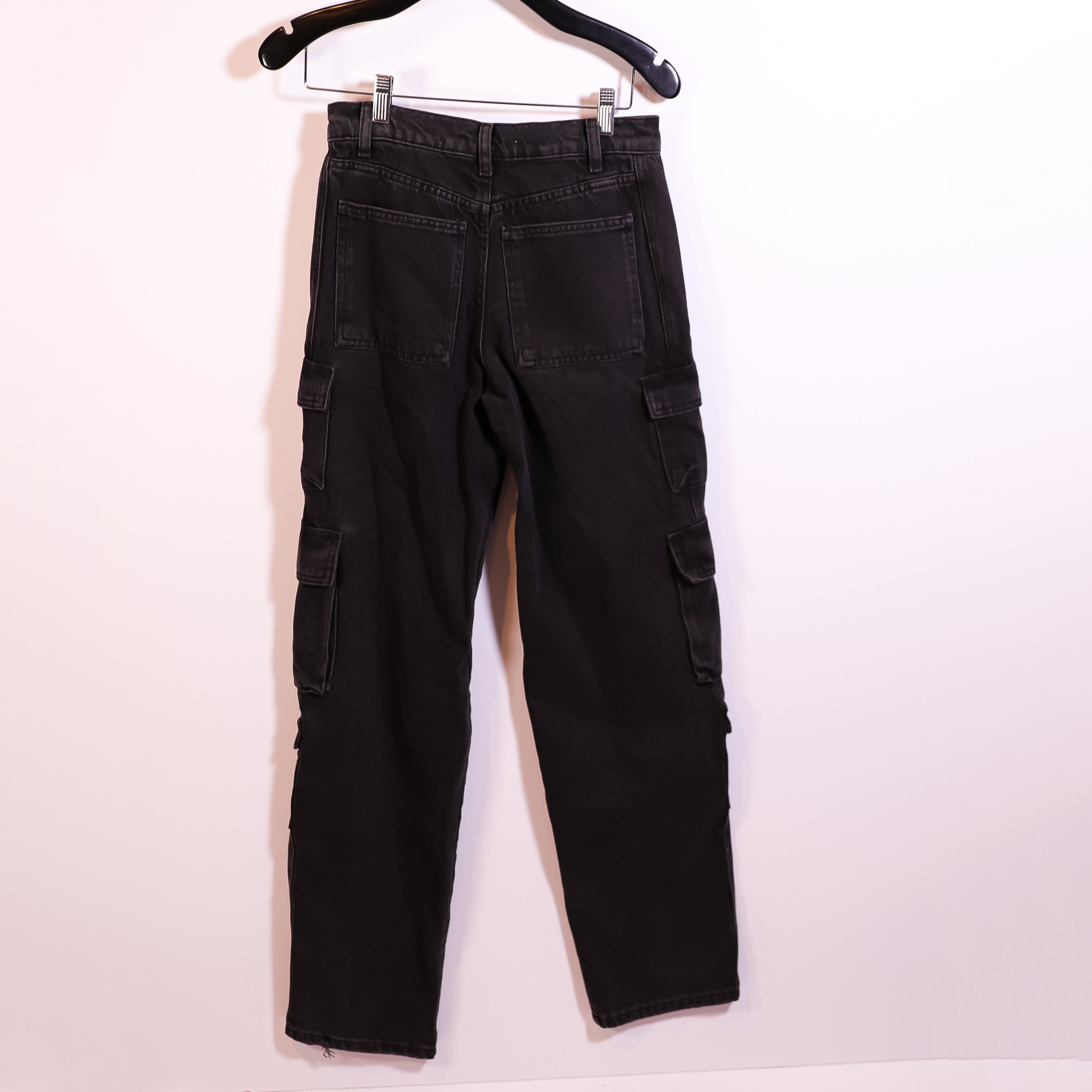 Zara Cotton Stretch Cargo Army Multi Pocket Straight Leg Jeans Pants Black 2