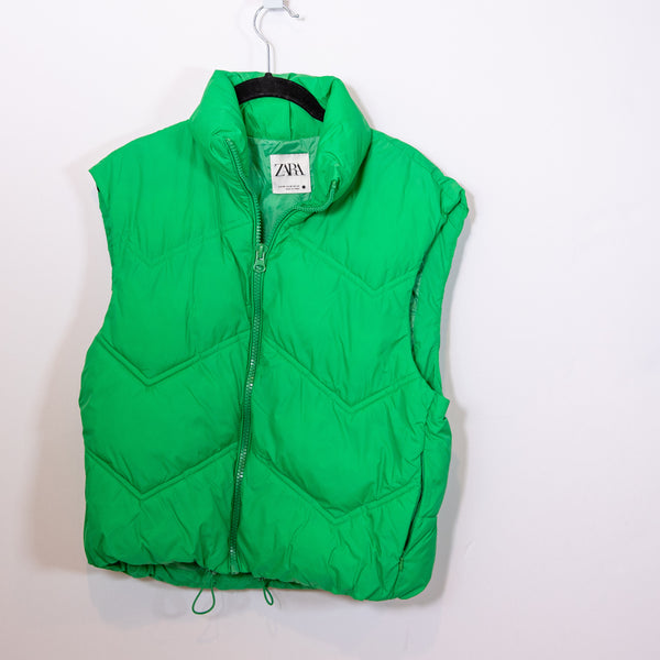 Zara Nylon Water Resistant Quilted Sleeveless High Neck Puffer Vest Jacket Green