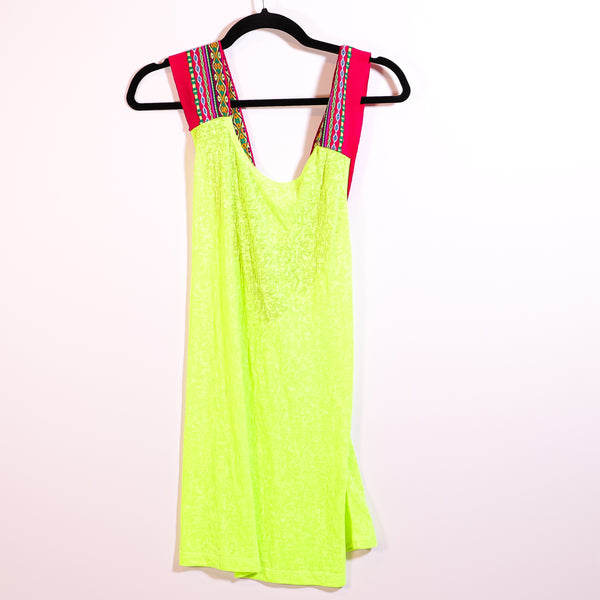 Pitusa USA Neon Yellow Pink Embroidered Stitch Crossover Tank Top Small