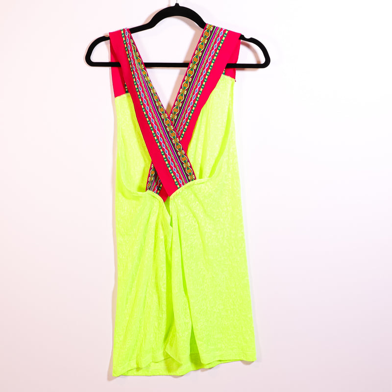 Pitusa USA Neon Yellow Pink Embroidered Stitch Crossover Tank Top Small