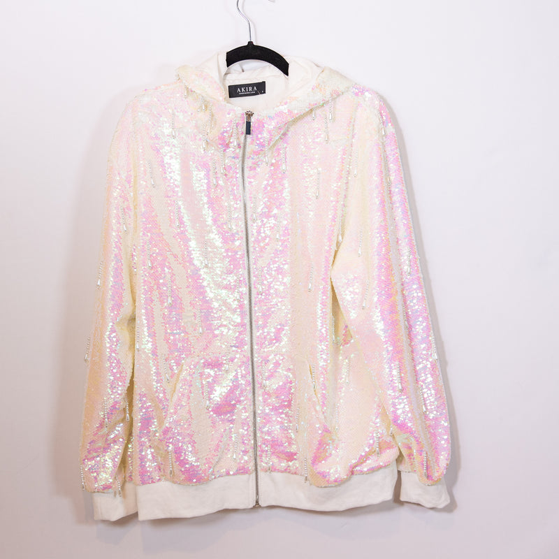 Akira White Irridescent Sequin Sparkle Glitter Faux Pearl White Hooded Jacket S