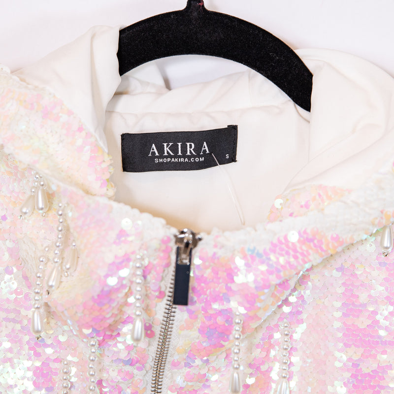 Akira White Irridescent Sequin Sparkle Glitter Faux Pearl White Hooded Jacket S