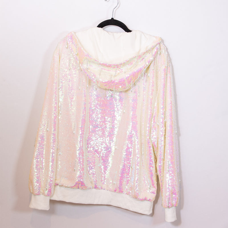 Akira White Irridescent Sequin Sparkle Glitter Faux Pearl White Hooded Jacket S