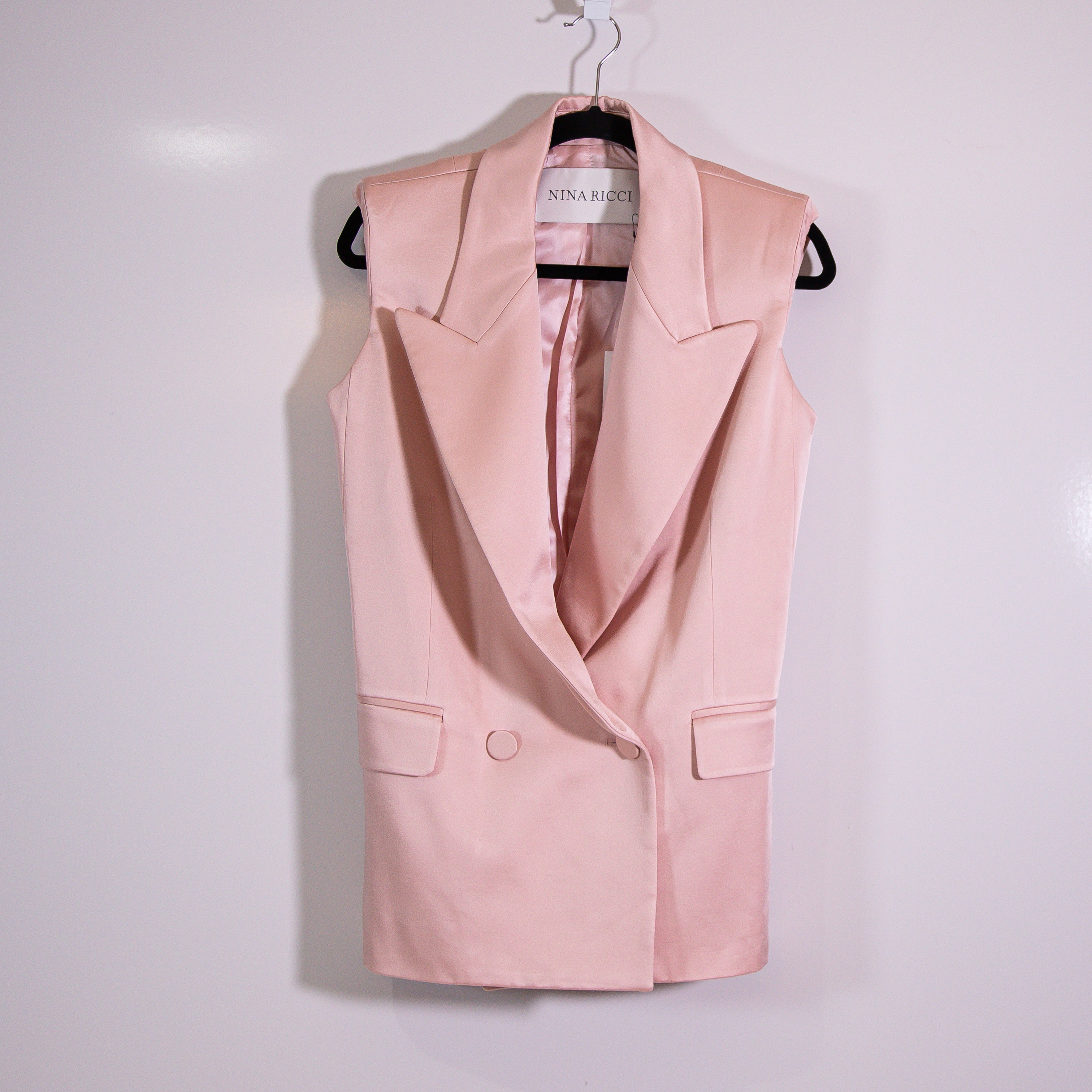 NEW Nina Ricci Double Breasted Collared Sleeveless Crepe Satin Jacket Vest Blush