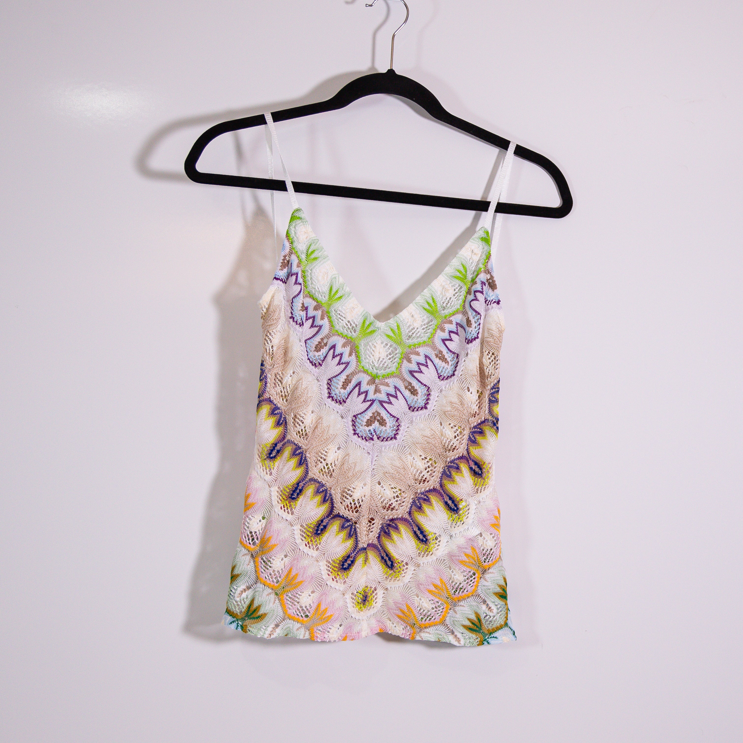 Missoni Lurex Crop Top Crochet Knit Multi Print Pattern Backless Tank Pink Green