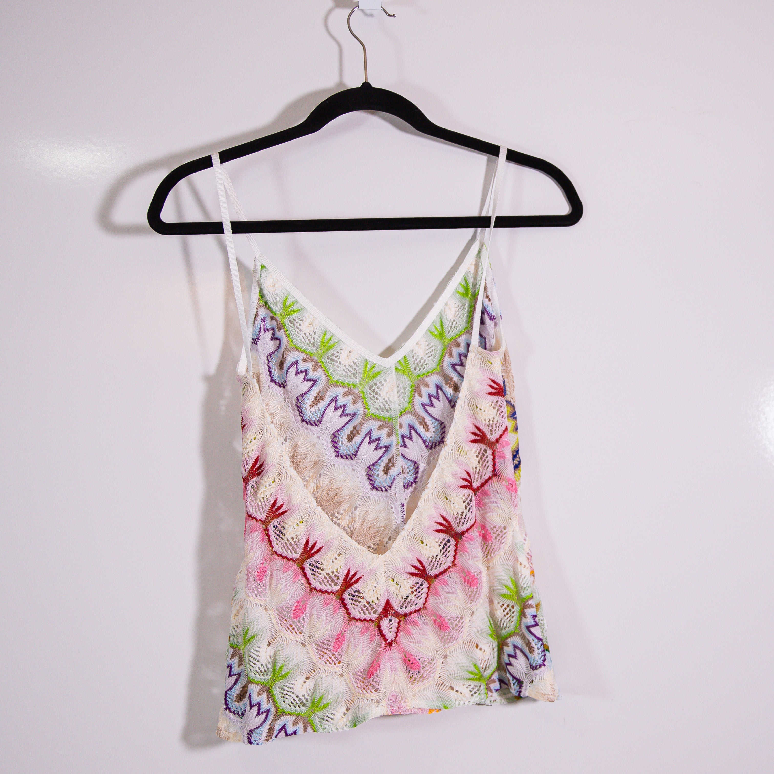 Missoni Lurex Crop Top Crochet Knit Multi Print Pattern Backless Tank Pink Green