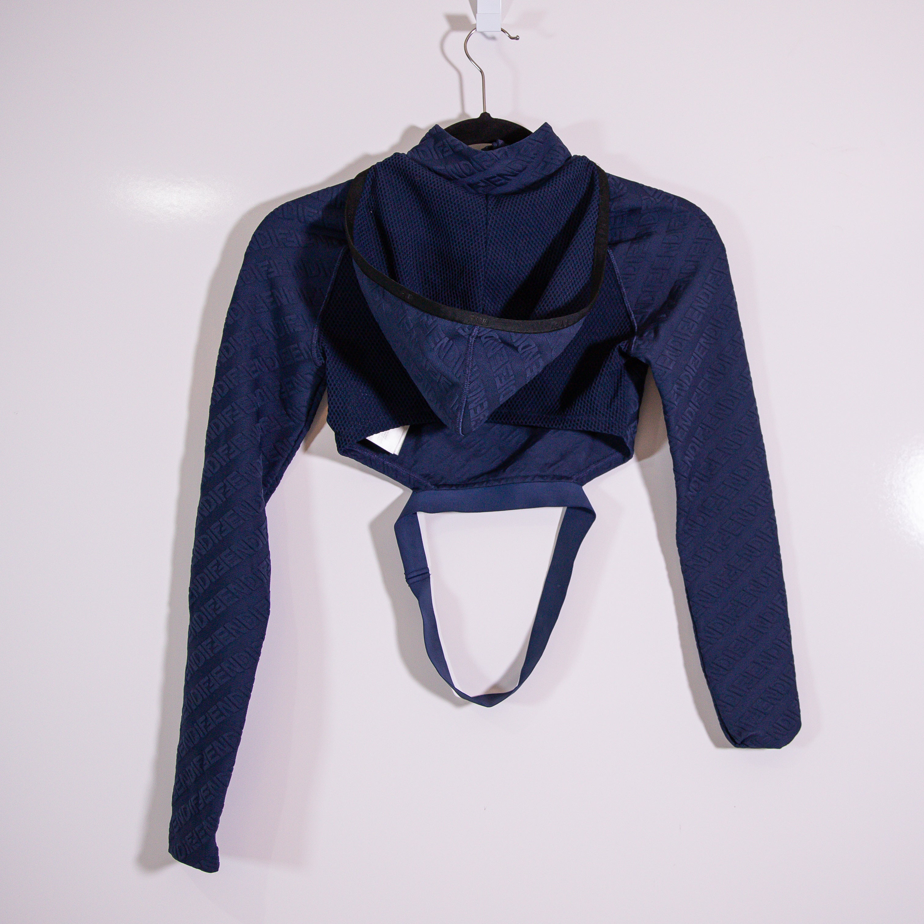 Fendi Women's Blue Logo Jersey Hooded Crop Top Pullover Quarter Zip Jacket Small