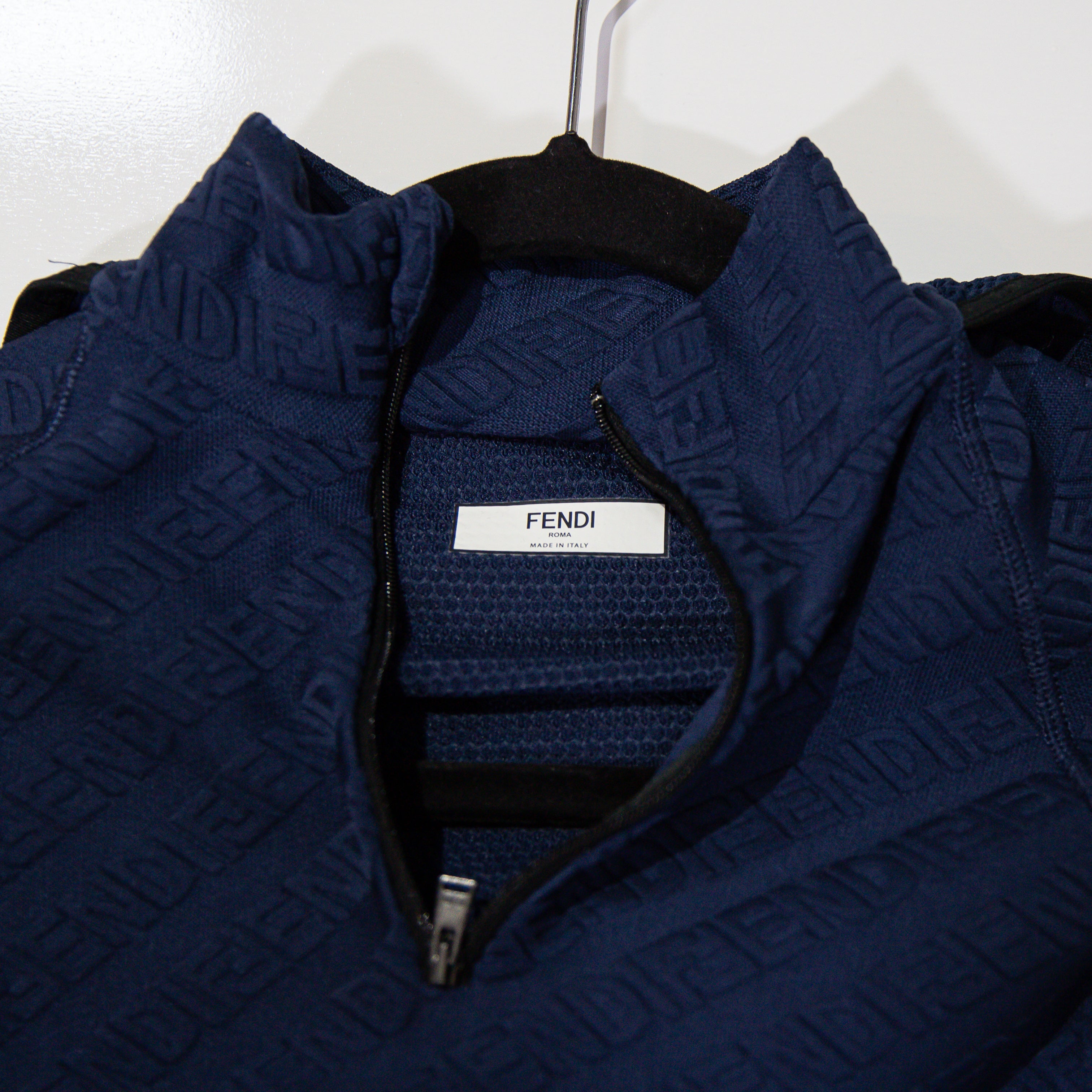 Fendi Women's Blue Logo Jersey Hooded Crop Top Pullover Quarter Zip Jacket Small