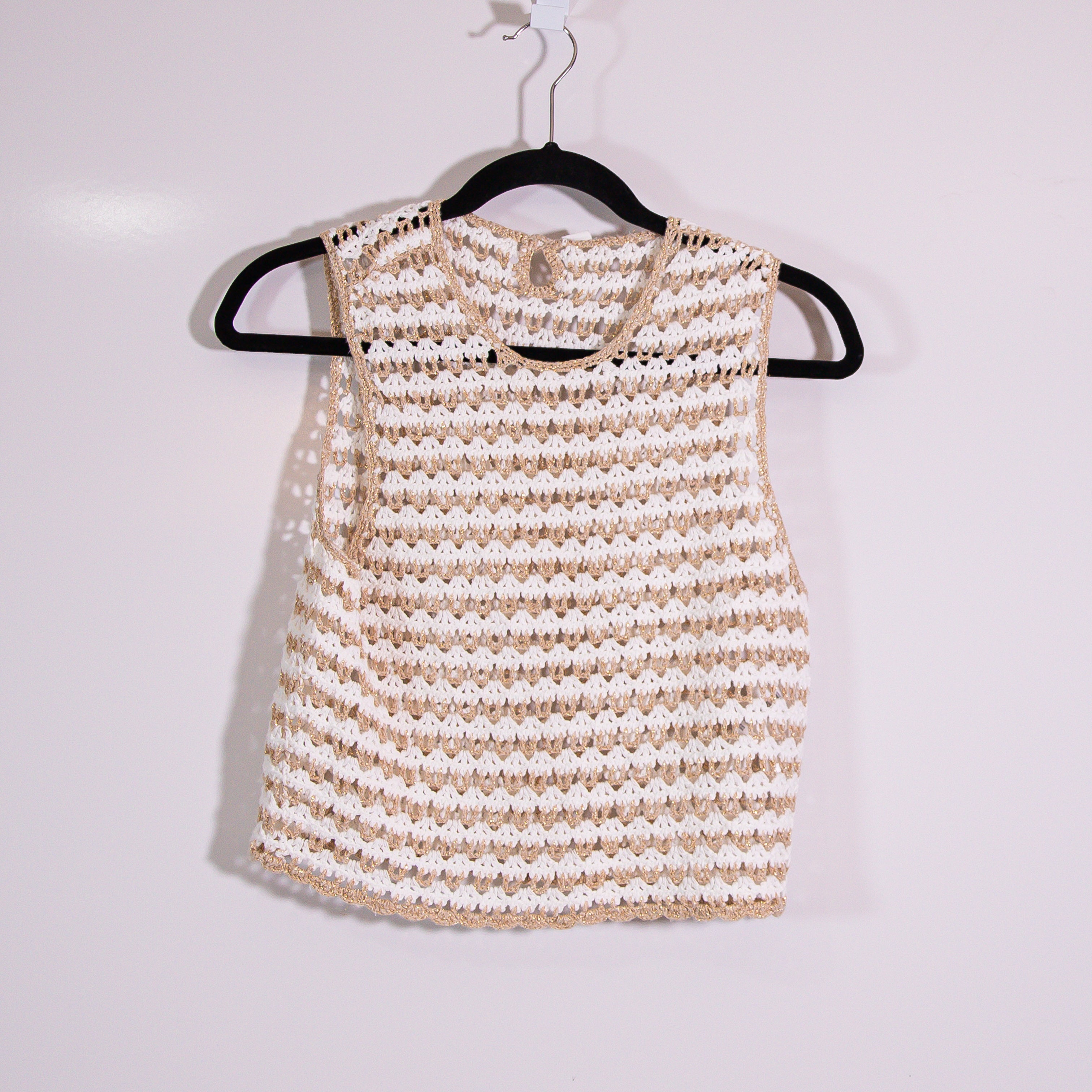 Zimmermann Tallow Cotton Crochet Knit Stretch Cropped Gold Stripe Tank Top 0