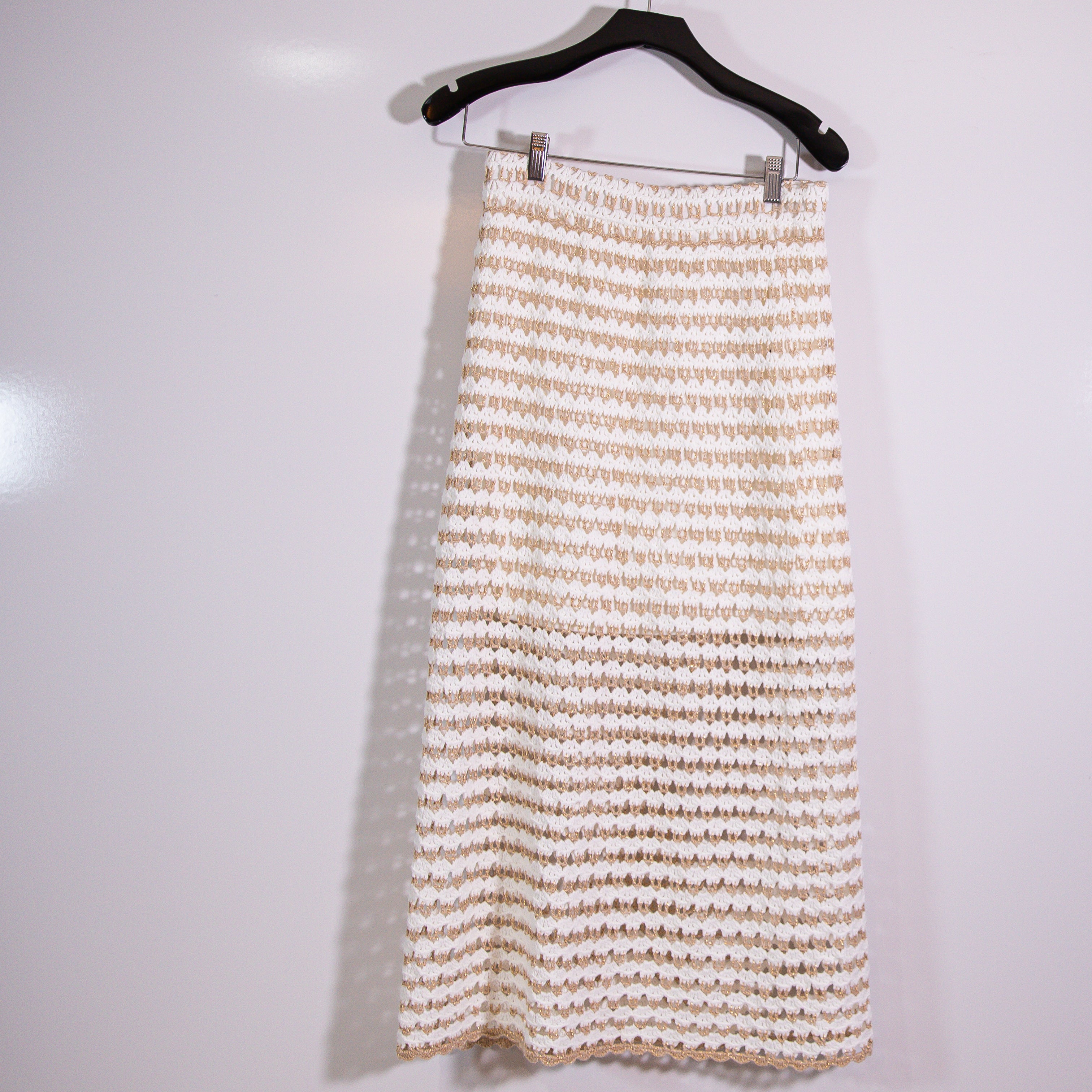 NEW Zimmermann Tallow Cotton Gold Metallic Stripe Crochet Knit Midi Skirt 2