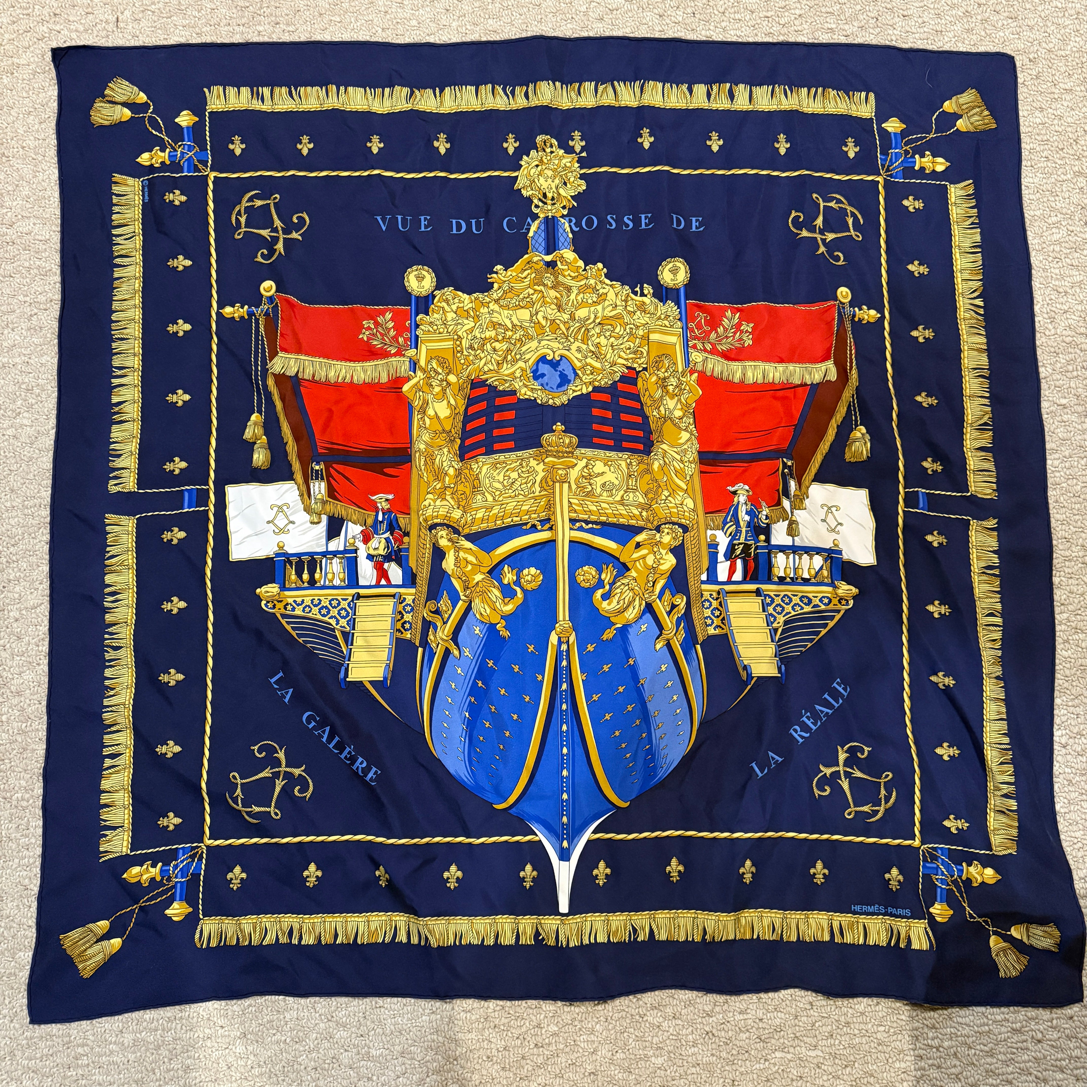 Hermes La Reale La Galere Silk Chiffon Print Pattern Square Scarf Shawl Blue Red