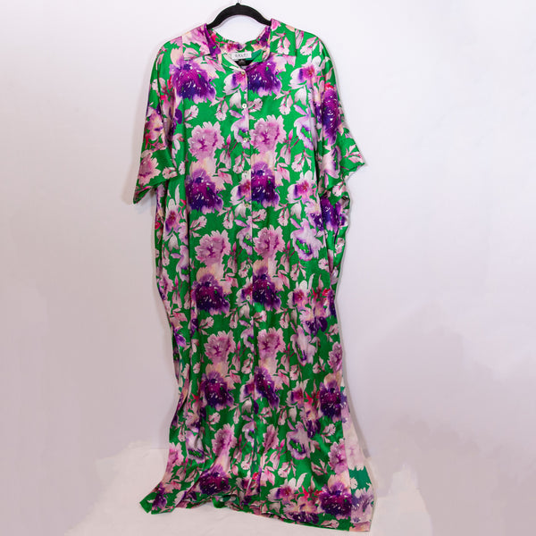 Delfi Collective Half Sleeve Purple Green Kelly Flower Silk Satin Shirt Dress L