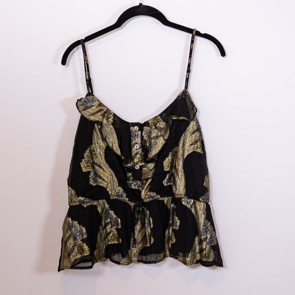 Anthropologie Gold Black Metallic Abstract Print Pattern Cinch Waist Tank Top