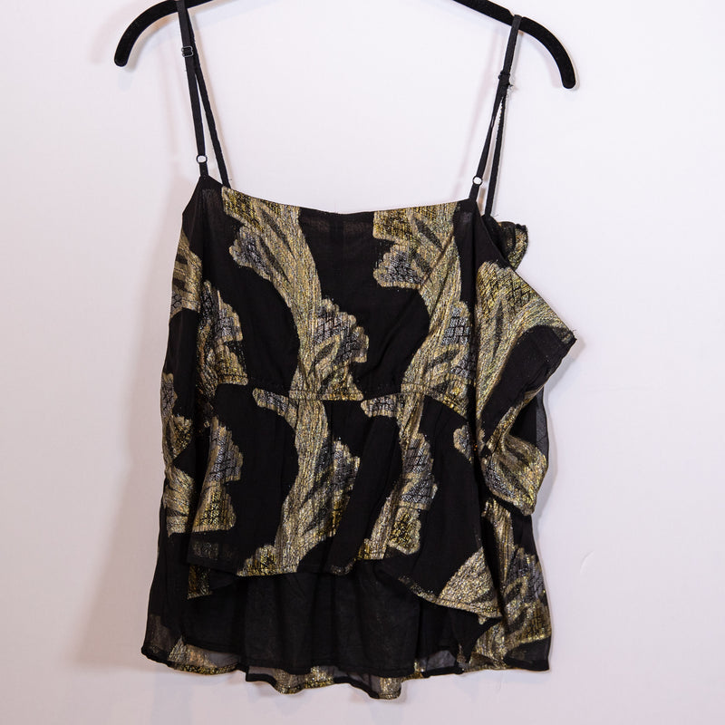 Anthropologie Gold Black Metallic Abstract Print Pattern Cinch Waist Tank Top