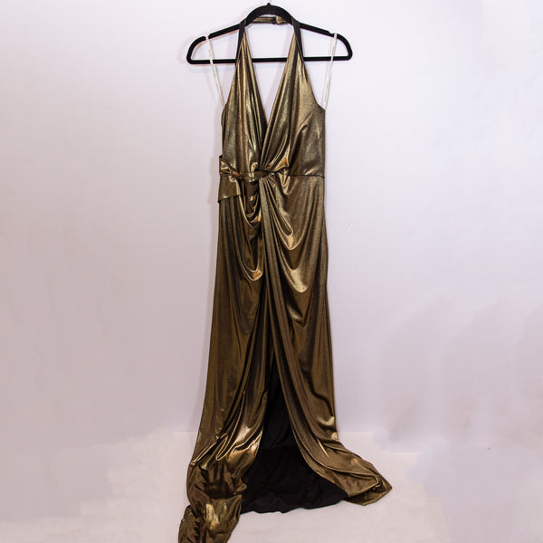 NEW Halston Heritage Twist Front Antique Gold Metallic Lame Halter Neck Dress 12