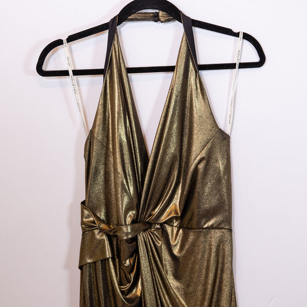 NEW Halston Heritage Twist Front Antique Gold Metallic Lame Halter Neck Dress 12