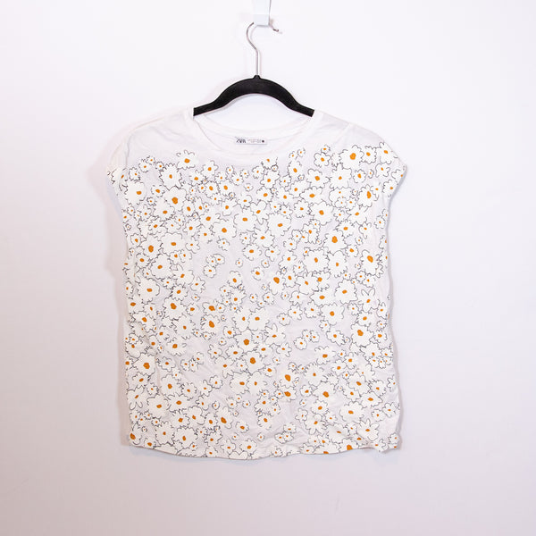 Zara Cotton Daisy Floral Flower Embossed Print Pattern Short Sleeve Tee Shirt S