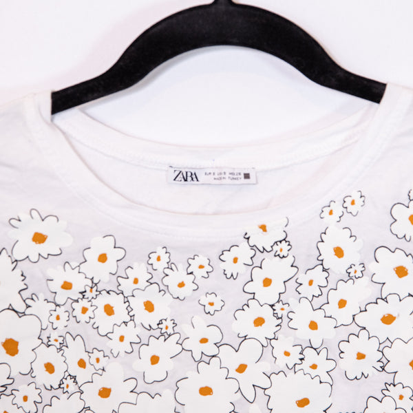 Zara Cotton Daisy Floral Flower Embossed Print Pattern Short Sleeve Tee Shirt S