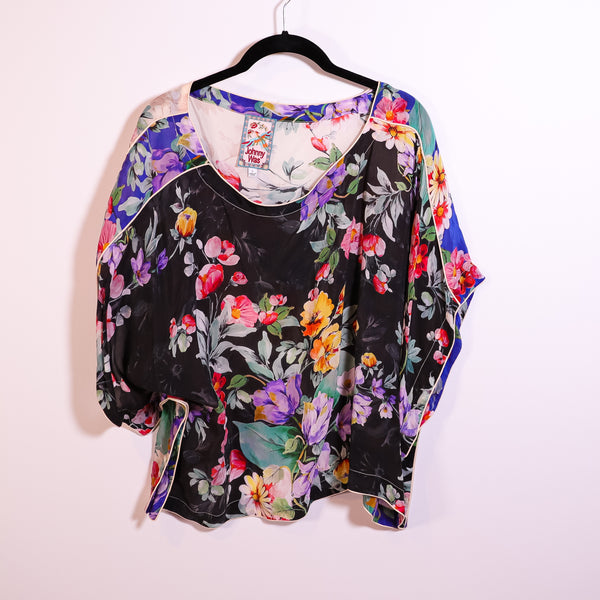 Johnny Was Sky Verity Floral Printed Colorblock Kimono Short Sleeve Blouse Shirt