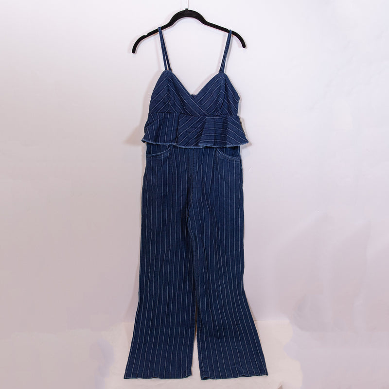 NEW Anthropologie ETT:TWA Cotton Blend Pin Stripe Ruffle Jumpsuit Jumper Blue XS