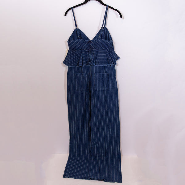 NEW Anthropologie ETT:TWA Cotton Blend Pin Stripe Ruffle Jumpsuit Jumper Blue XS