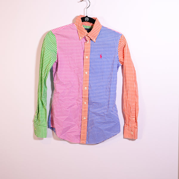 Ralph Lauren Women's Custom Fit Multi Color Gingham Button Down Blouse Shirt 0