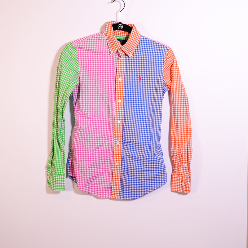 Ralph Lauren Women's Custom Fit Multi Color Gingham Button Down Blouse Shirt 0