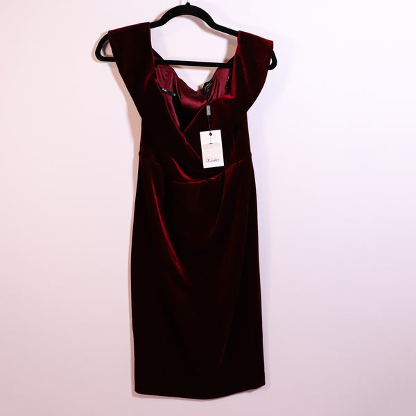 NEW Bardot Bella Velvet Velour Off The Shoulder Bodycon Dress Cabernet 8