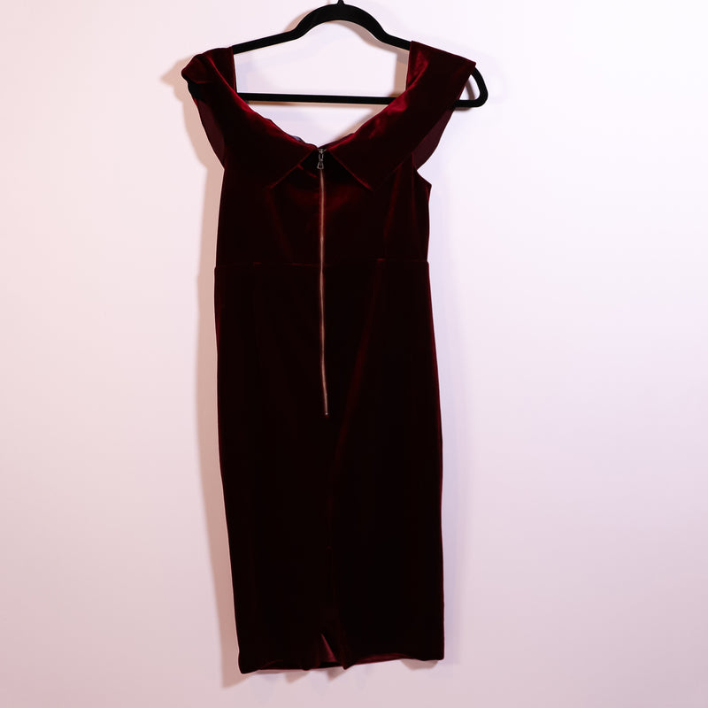 NEW Bardot Bella Velvet Velour Off The Shoulder Bodycon Dress Cabernet 8