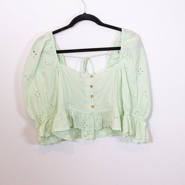 Zara Cotton Eyelet Lace Puff Sleeve Button Front Cropped Blouse Top Green Medium