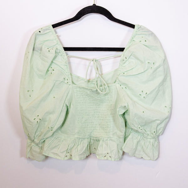 Zara Cotton Eyelet Lace Puff Sleeve Button Front Cropped Blouse Top Green Medium