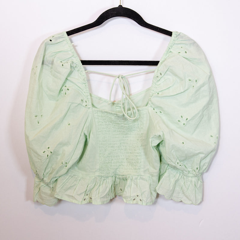 Zara Cotton Eyelet Lace Puff Sleeve Button Front Cropped Blouse Top Green Medium