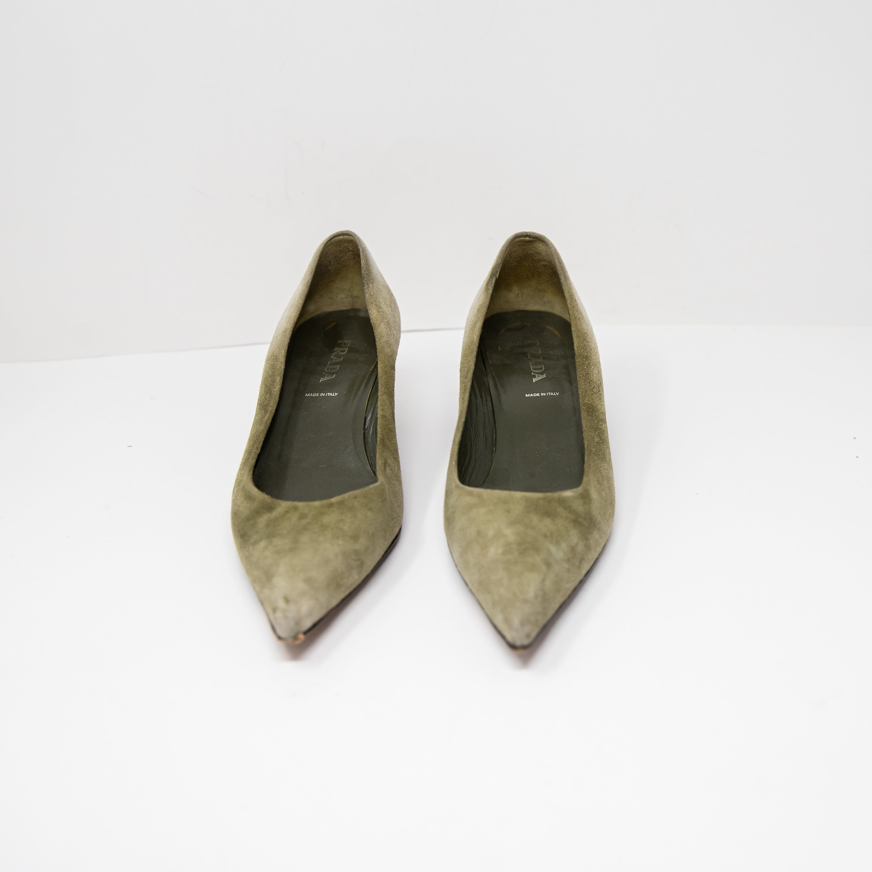 Prada Made In Italy Genuine Suede Slip On Pointed Toe Kitten Heel Shoes Gray 40