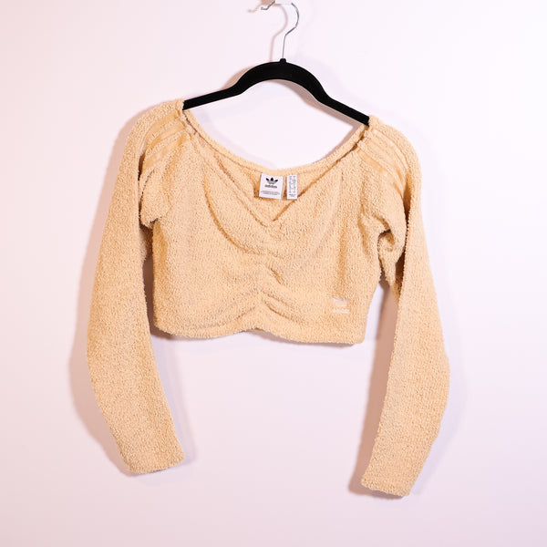 Adidas Originals Relaxed Fluffy Knit Stretch Ruched Cropped Top Hazy Beige S