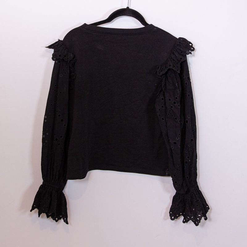 Zara Cotton Eyelet Lace Ruffle Long Sleeve Crew Neck Pullover Sweatshirt Sweater