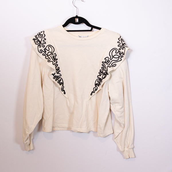 Zara Cotton Terry Lined Embroidered Applique Ruffle Crew Neck Pullover Sweater S