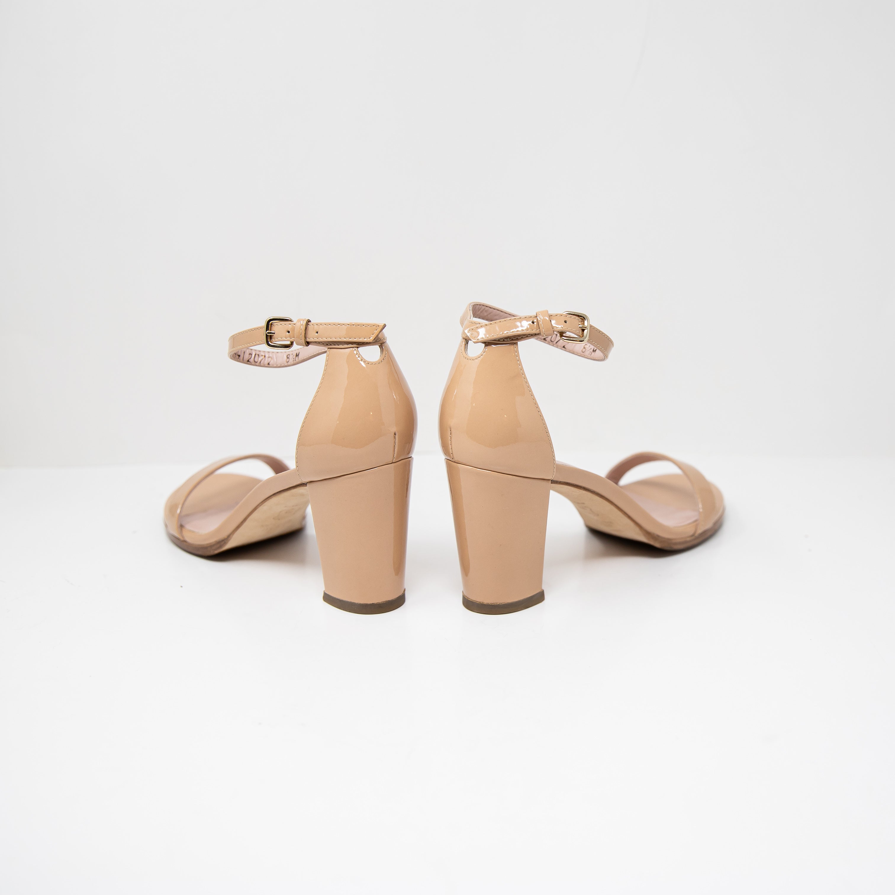 Stuart Weitzman Nearlynude Ankle Strap Open Toe Block High Heel Patent Leather