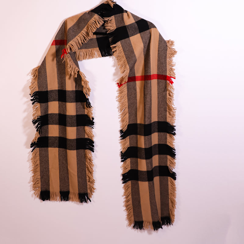 Burberry London 100% Wool Knit Stretch Check Plaid Print Fringe Scarf Shawl Wrap