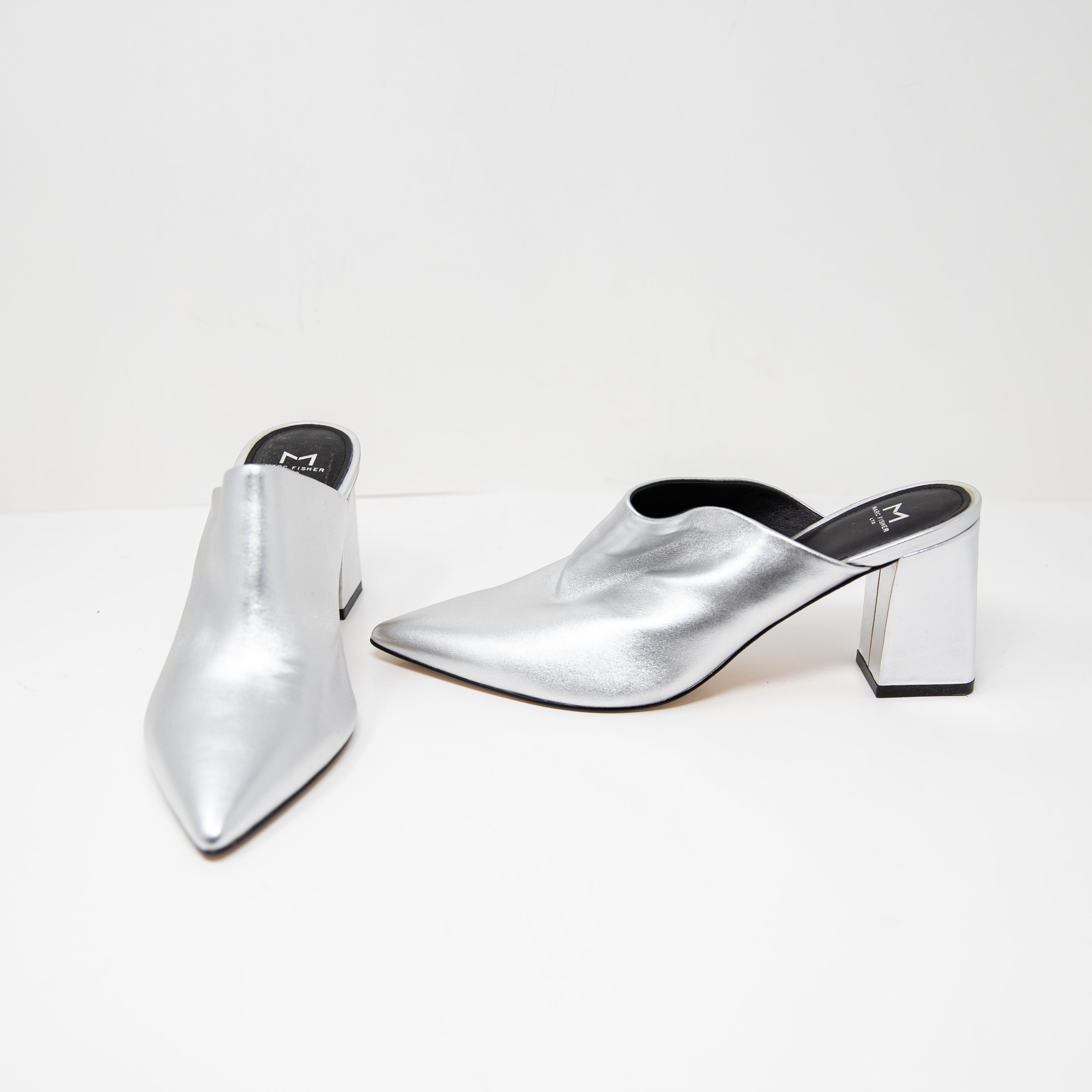 NEW Marc Fisher Zivon Genuine Leather Silver Metallic Pointed Toe Mules Heels