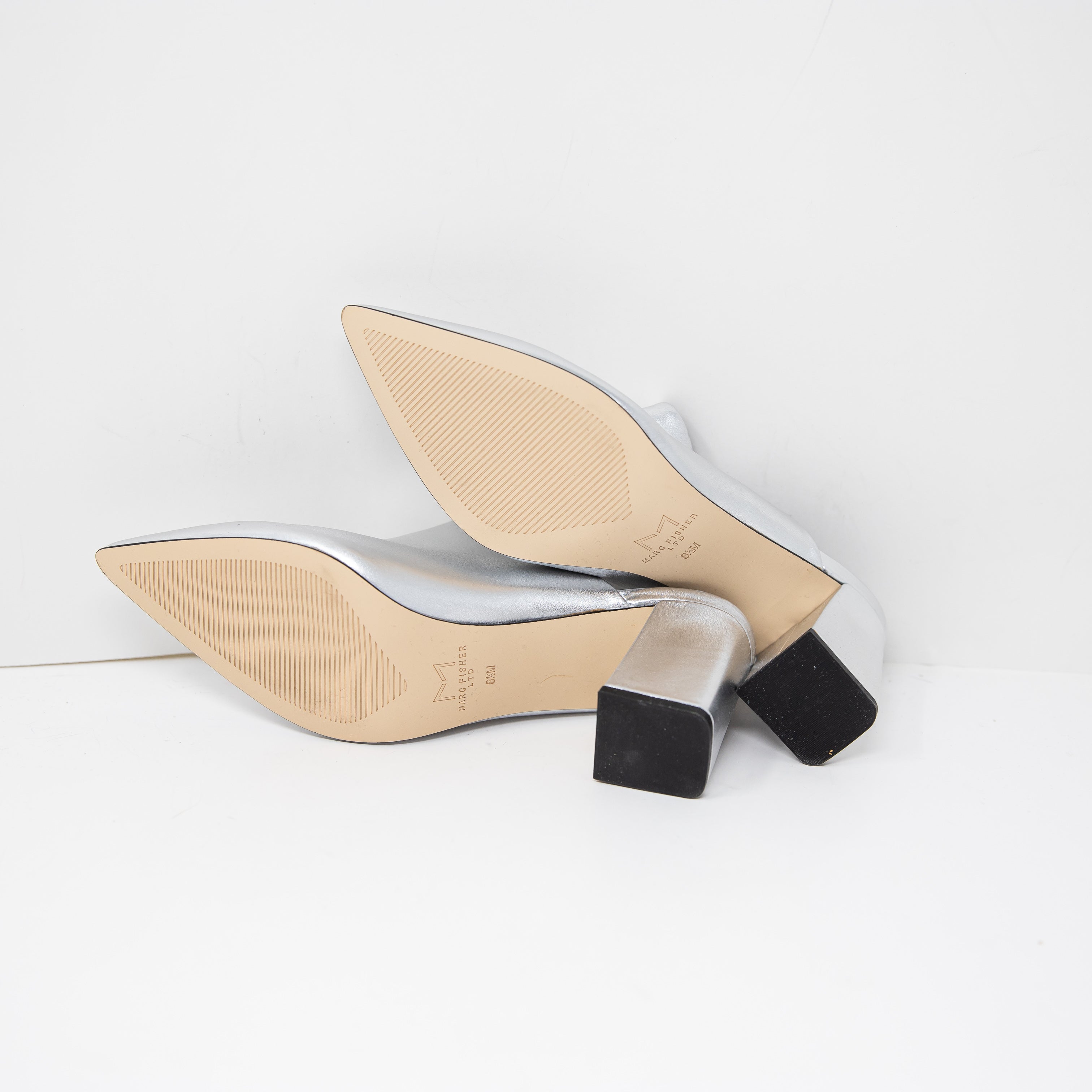 NEW Marc Fisher Zivon Genuine Leather Silver Metallic Pointed Toe Mules Heels