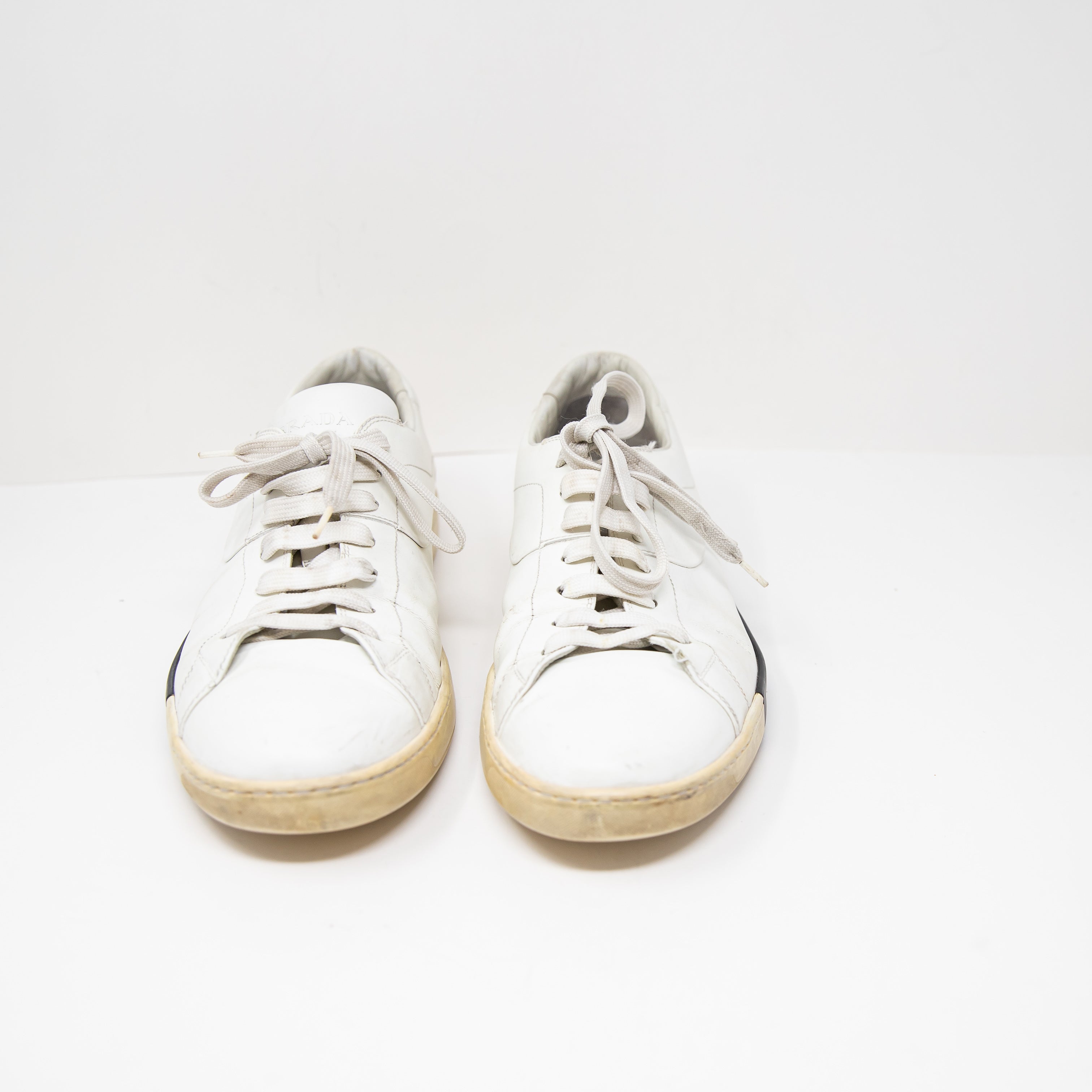 Prada Men's Genuine Leather Lace Up Low Top Trainers Sneakers Shoes White Black