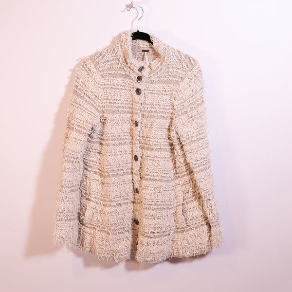 Free People Shag Shaggy Knit Crochet Textured Button Front Sweater Cardigan L