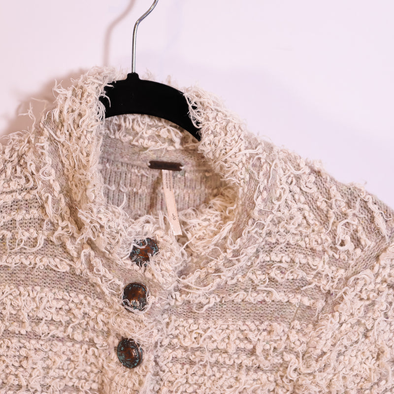 Free People Shag Shaggy Knit Crochet Textured Button Front Sweater Cardigan L