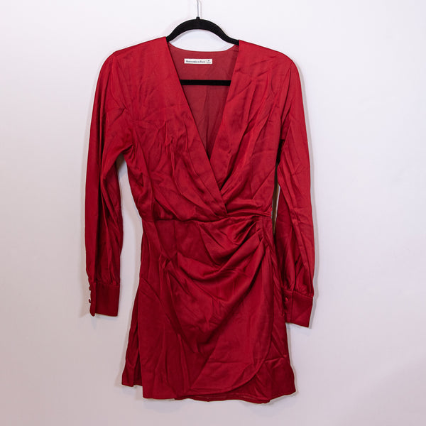 Abercrombie &amp; Fitch Ruched Satin Faux Wrap V Neck Mini Dress Long Sleeve Red M