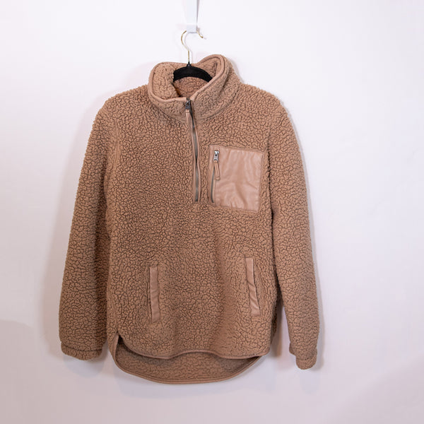 Abercrombie &amp; Fitch Soft A&amp;F Teddy Shearling Quarter Zip Pullover Sweater Brown